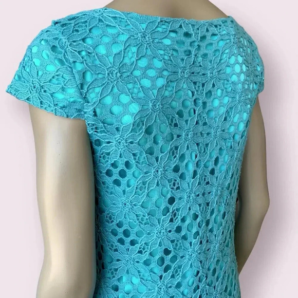 JAX Cap Sleeves Eyelet Crocheted Lace Shift Dress Pleated Hem Size 12 Teal Retro - Picture 12 of 16